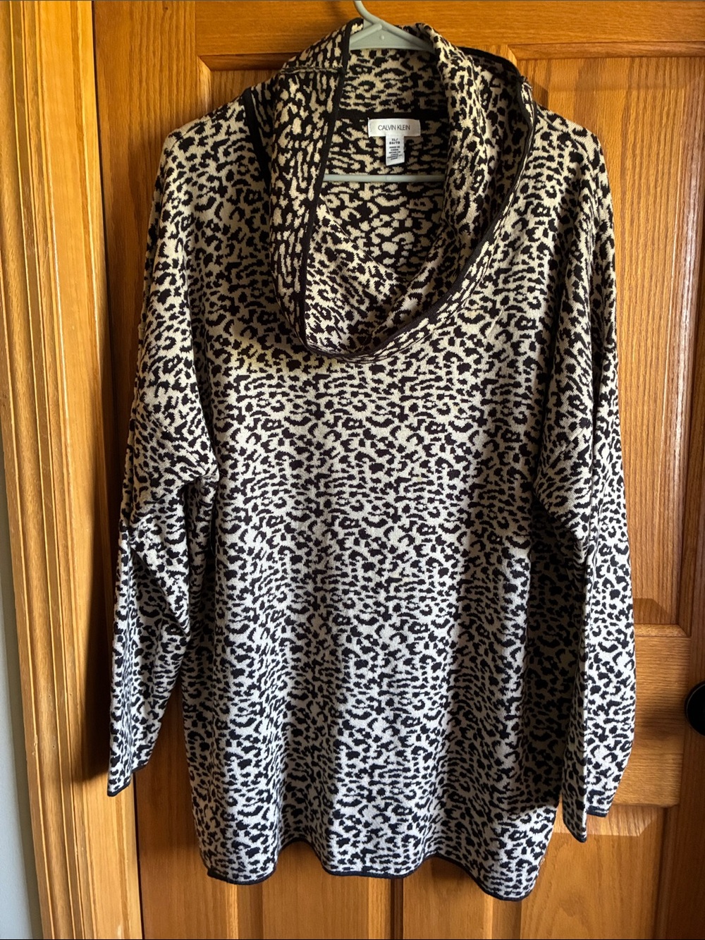 Calvin Klein Cream and Black Leopard Cowl Neck Sweater